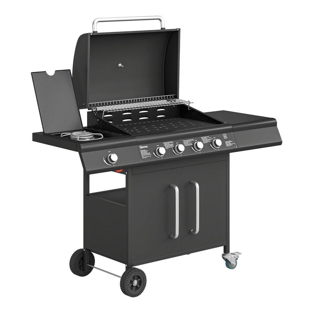 Outsunny 4+1 Burner Gas BBQ Grill with Storage Cabinet, a trolley barbecue with a warming rack and side table