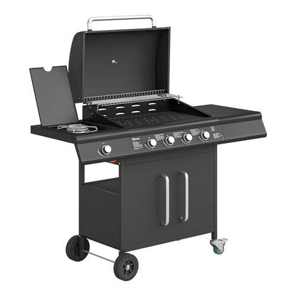 Outsunny 4+1 Burner Gas BBQ Grill with Storage Cabinet, a trolley barbecue with a warming rack and side table