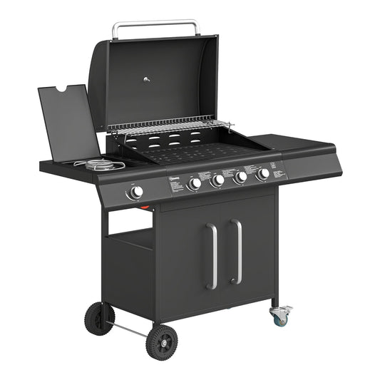 Outsunny 4+1 Burner Gas BBQ Grill with Storage Cabinet, a trolley barbecue with a warming rack and side table