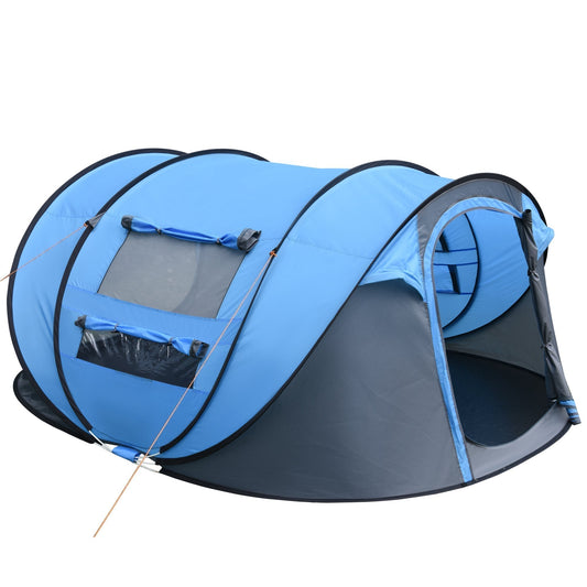 Outsunny 4 Person Pop-up Camping Tent in sky blue with a grey base and open front entrance