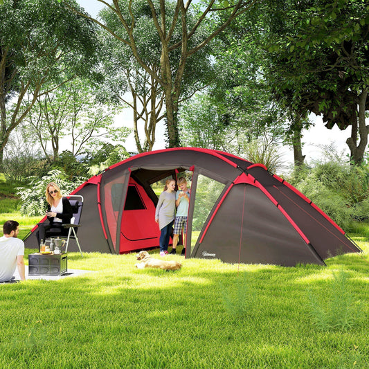 The family tent set up in a grassy garden with people sitting outside and a dog resting nearby