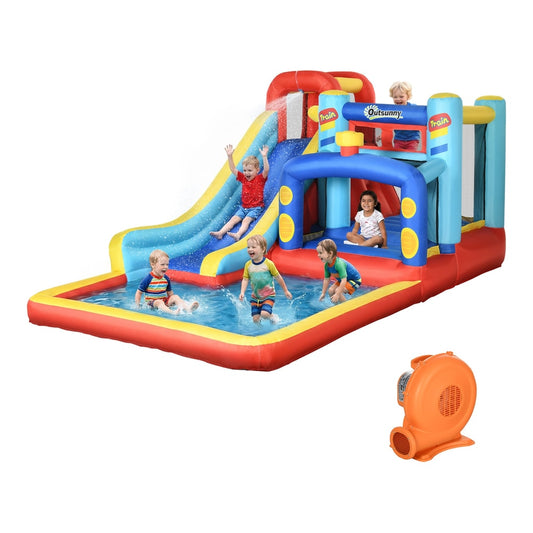 Outsunny 4-in-1 Bouncy Castle with slide, trampoline, climbing wall and water pool, with blower
