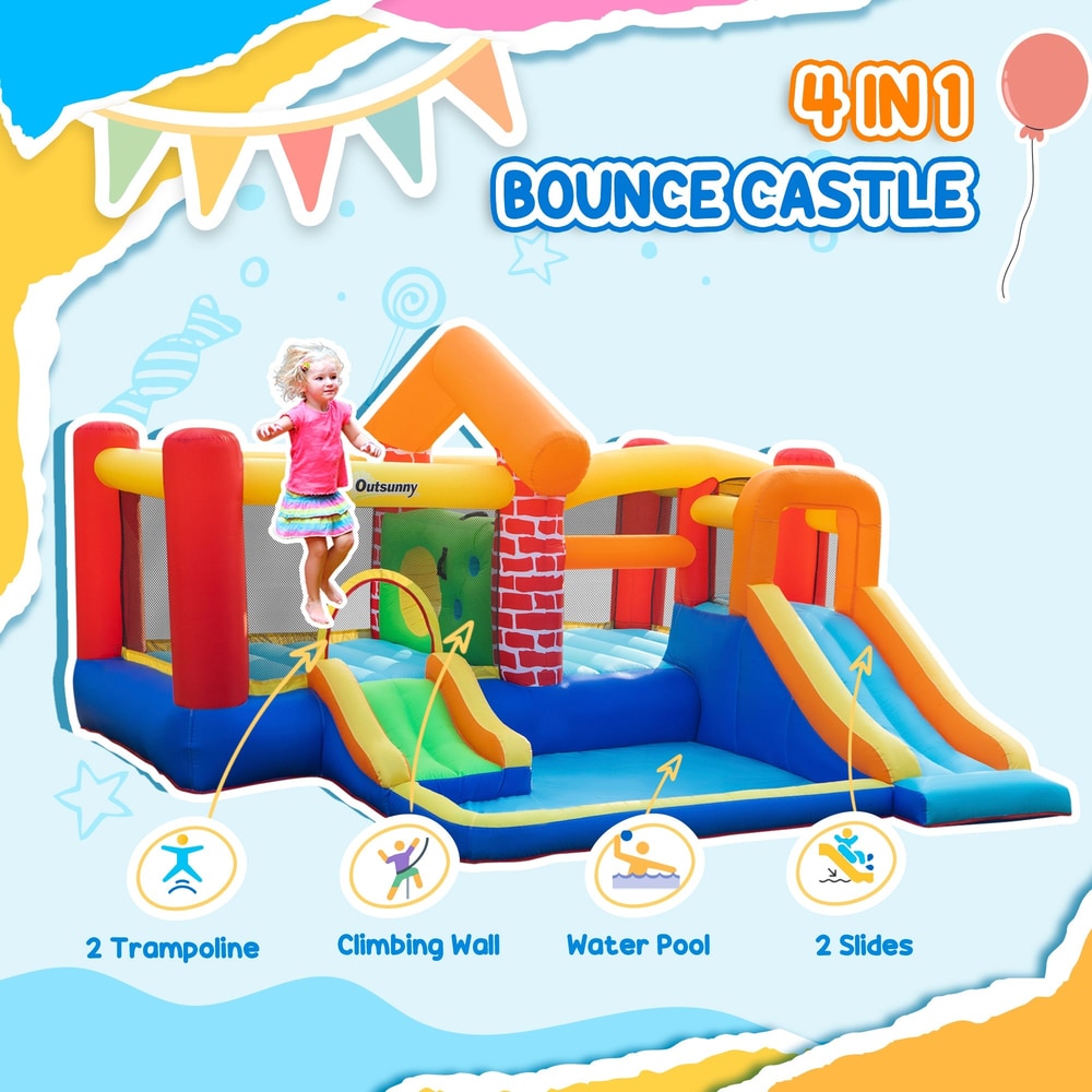 Four features of the inflatable bouncy castle: trampoline, climbing wall, water pool, and two slides