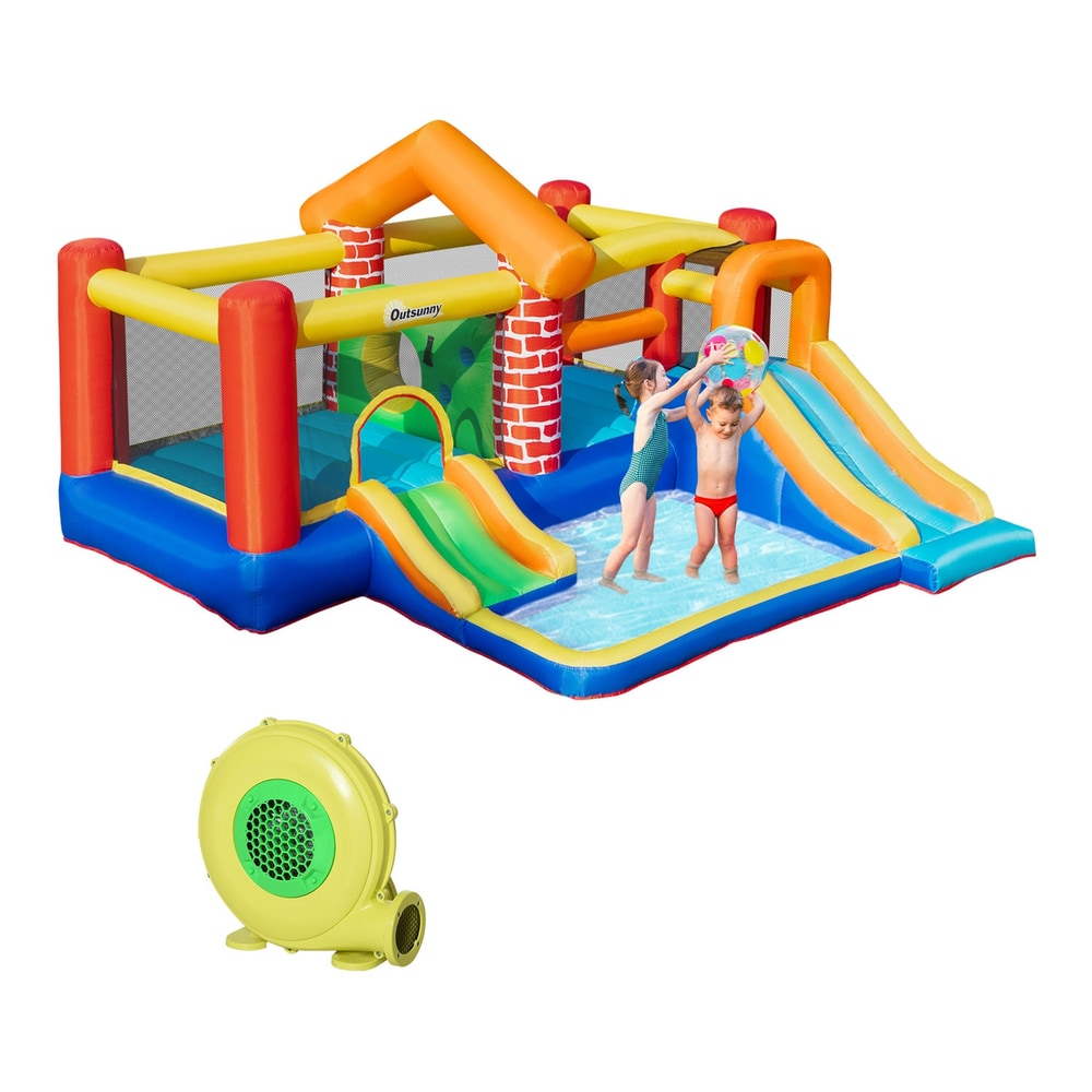 Outsunny 4 in 1 Kids Bouncy Castle Extra Large Double Slides & Trampoline with pool and climbing wall