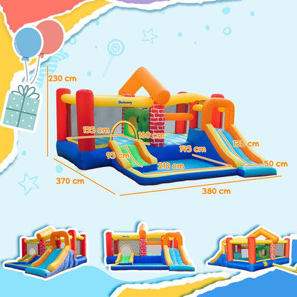 Dimensions diagram for the inflatable bouncy castle with water pool and slides
