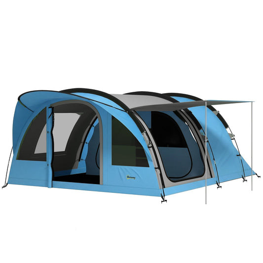 Outsunny 4 Person Easy Setup Family Camping Tent in sky blue and grey with an open front canopy