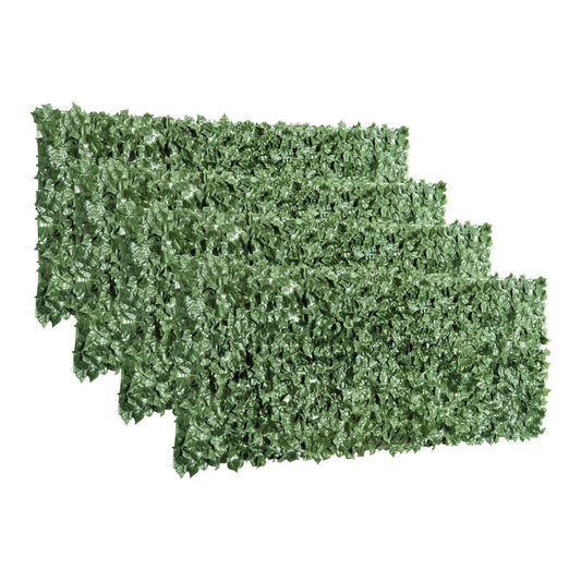 Outsunny 4-Piece Artificial Leaf Hedge Screen Privacy Fence Panel, a set of three panels showing dense green leaves