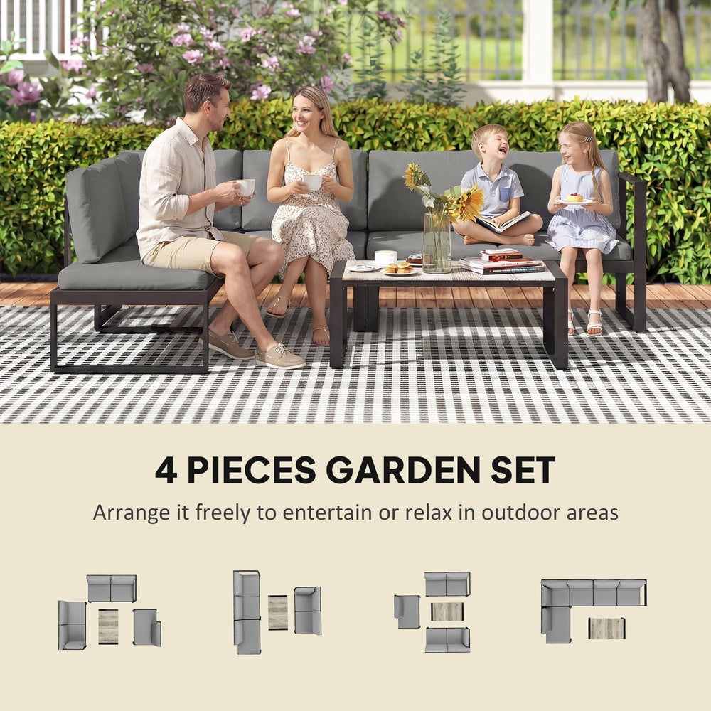 A dark grey garden sofa set arranged in different configurations for outdoor use