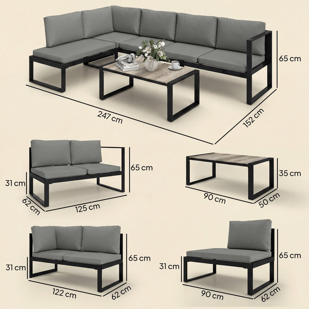 Dimensions for the dark grey garden sofa set and coffee table, showing all measurements