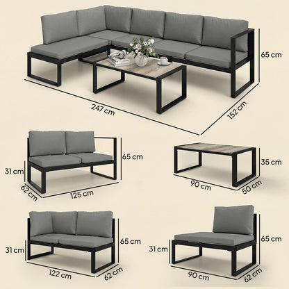 Dimensions for the dark grey garden sofa set and coffee table, showing all measurements