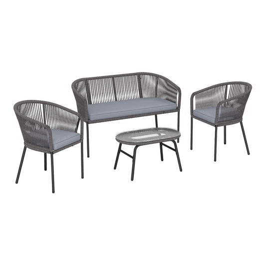 Outsunny 4 Piece Garden Furniture Set, a dark grey rope sofa set with a loveseat, two chairs and a glass-topped coffee table