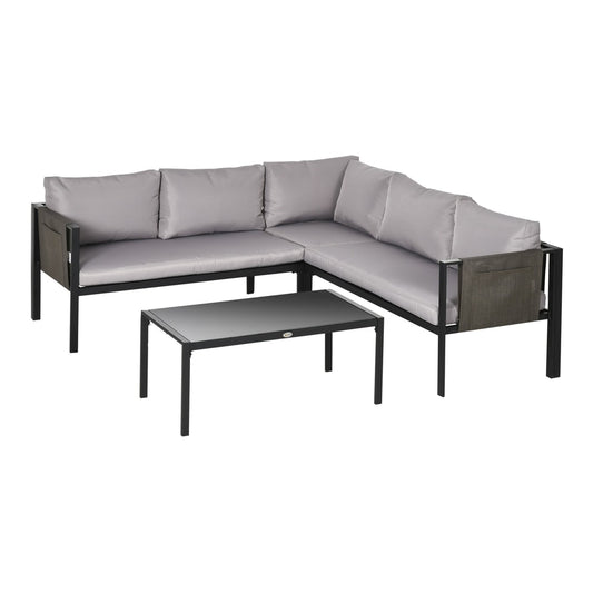 Outsunny 5 Seater Garden Corner Sofa Set with grey cushions and a glass top coffee table