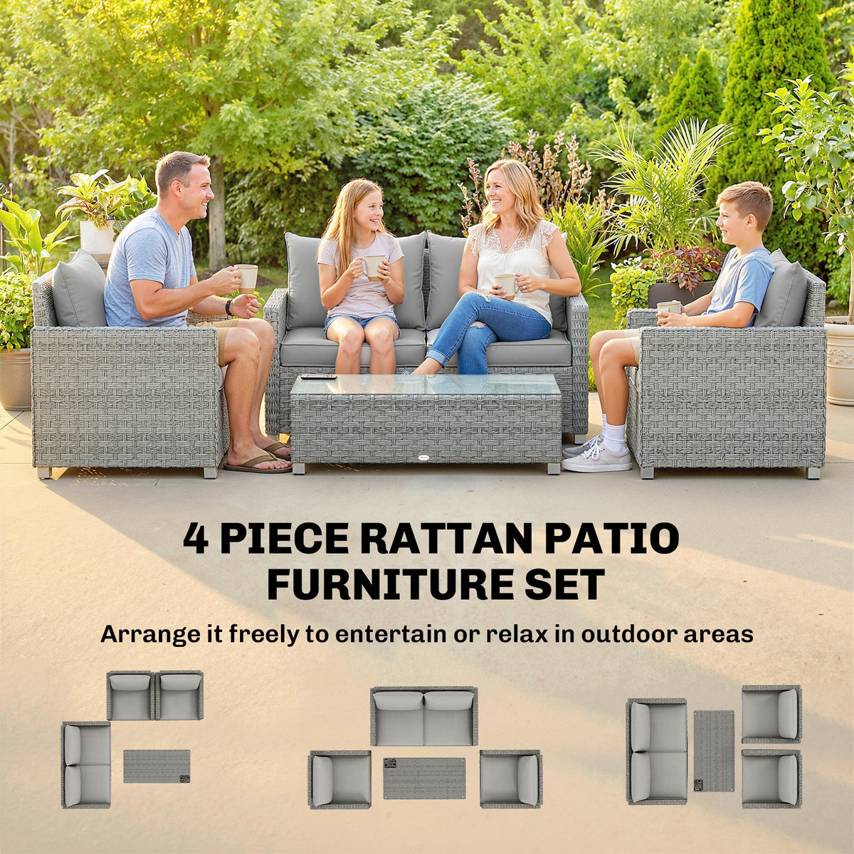 Family relaxing on the grey rattan patio furniture set, showing arrangement options