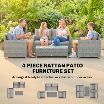 Family relaxing on the grey rattan patio furniture set, showing arrangement options