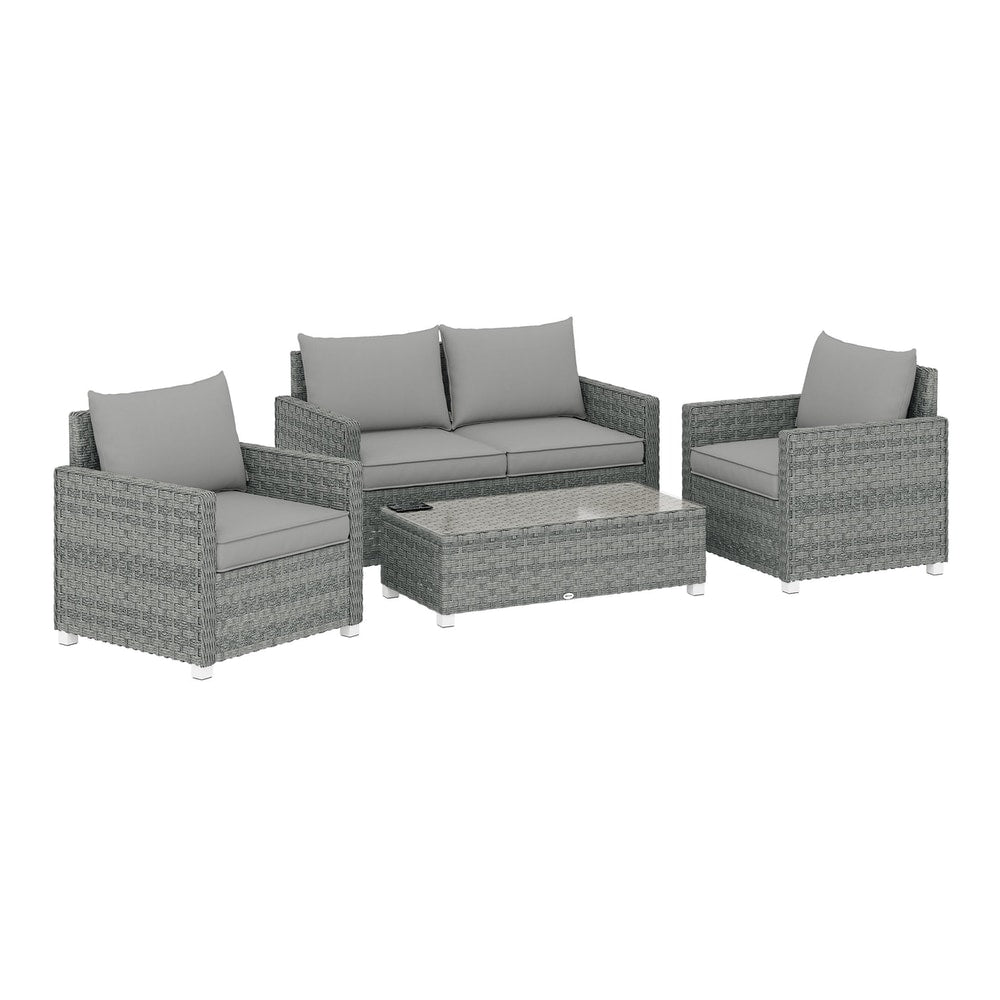 Outsunny 4 Piece Rattan Garden Furniture Set with Loveseat, two armchairs and a glass-top coffee table