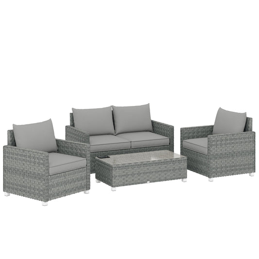 Outsunny 4 Piece Rattan Garden Furniture Set with Loveseat, two armchairs and a glass-top coffee table