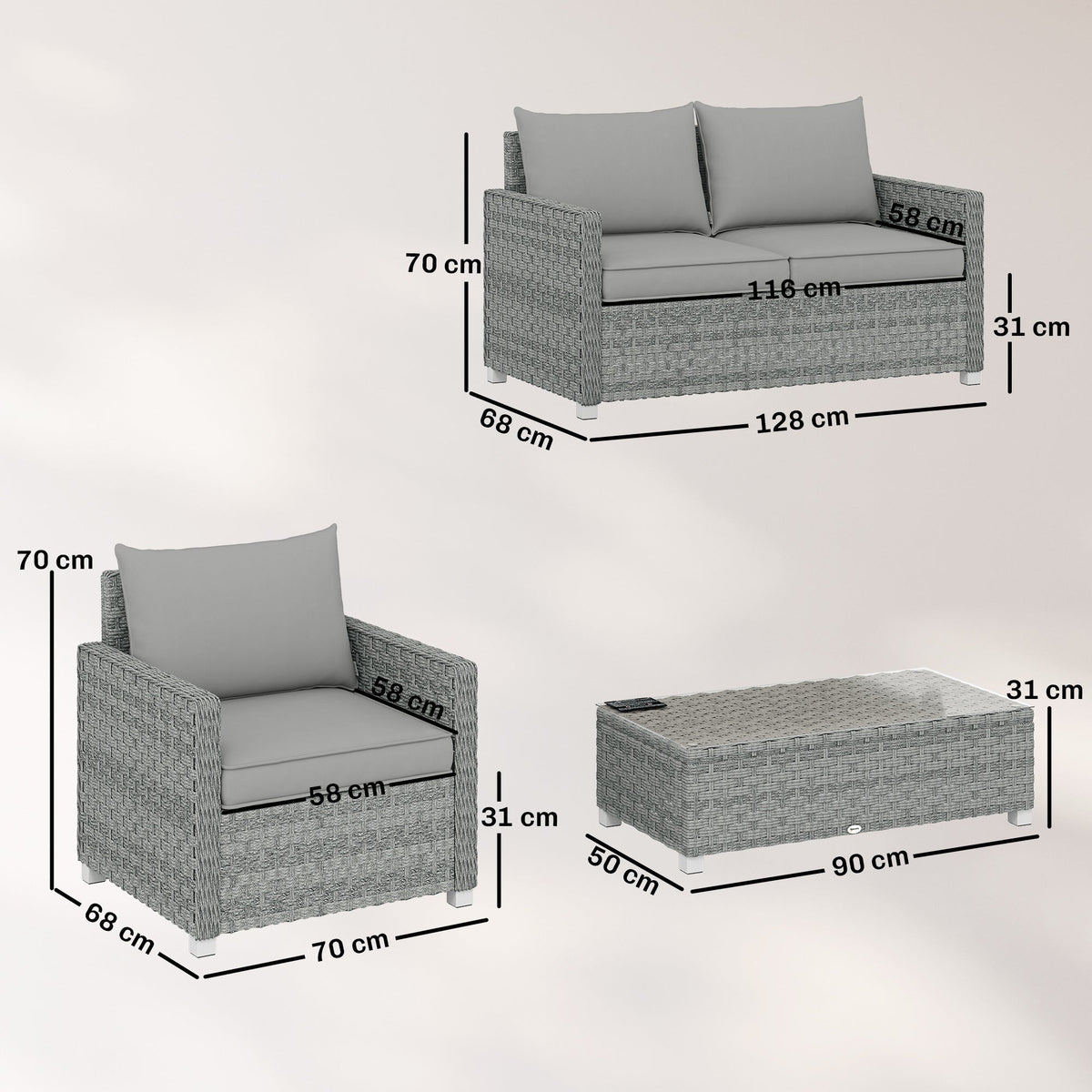 Dimensions for the grey rattan garden furniture set including loveseat, armchair and coffee table