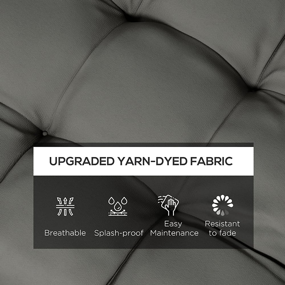 Close up of the fabric on the seat cushions, showing text about the material