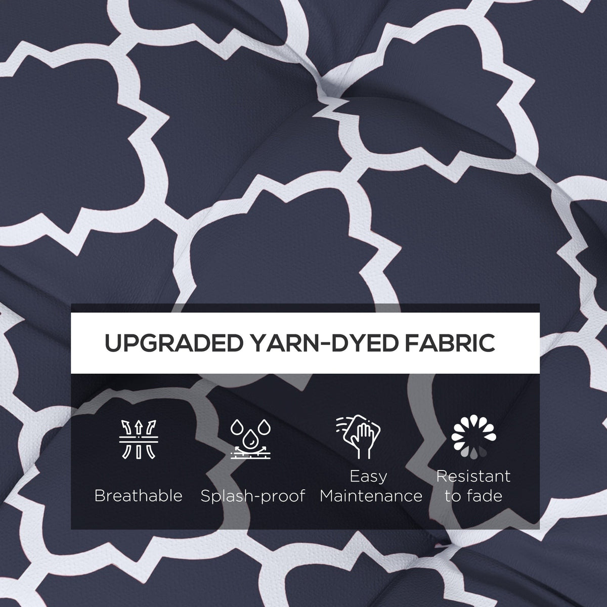 Close up of the blue patterned fabric on the seat cushions with icons for breathable, splash-proof, easy maintenance and fade