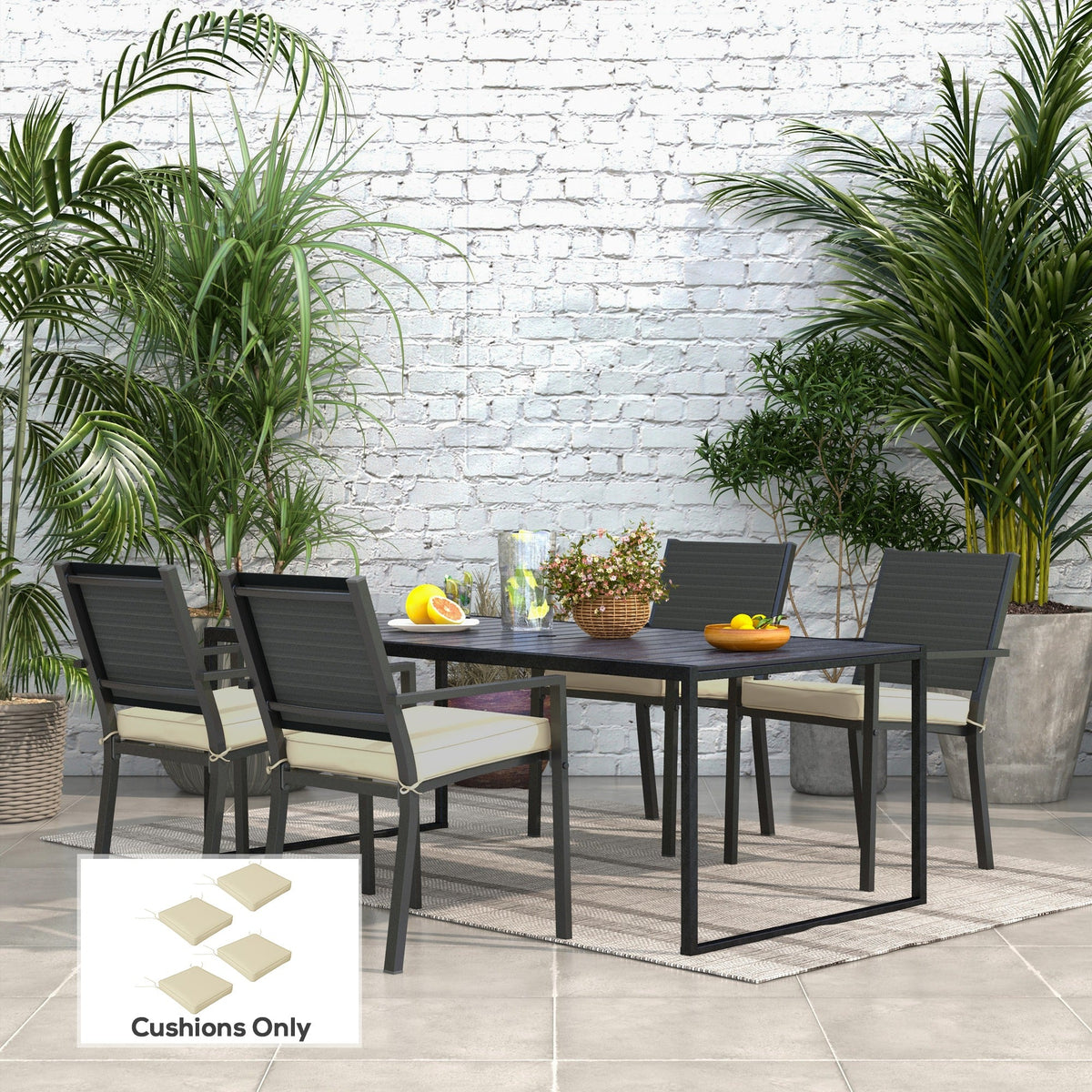 Four beige seat cushions placed on chairs around a patio dining table
