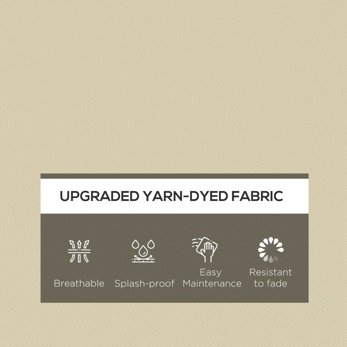 Close up of beige cushion fabric showing icons for breathable, splash-proof, easy maintenance and fade resistant