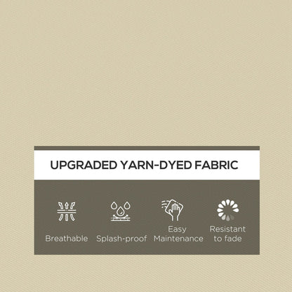 Close up of beige cushion fabric showing icons for breathable, splash-proof, easy maintenance and fade resistant