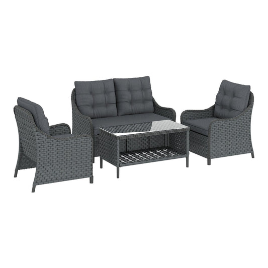 Outsunny 4-Piece Wicker Patio Furniture Set with 2 Armchairs, loveseat and coffee table, all with dark grey cushions