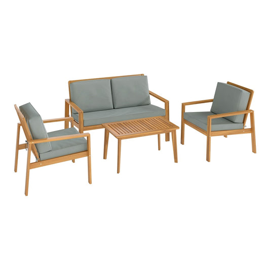 Outsunny 4-Piece Wooden Garden Furniture Set with Cushions, a sofa, two armchairs and a coffee table with grey cushions