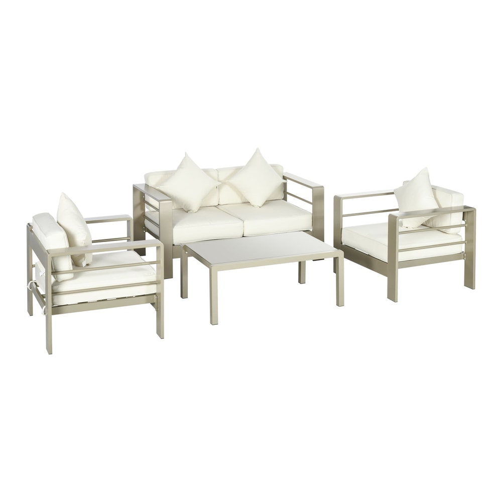 Outsunny 4 Pieces Outdoor Garden Furniture Set with a loveseat, two chairs and a coffee table on a white background