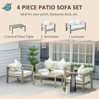 A four piece patio sofa set with a central table, two armchairs and a loveseat