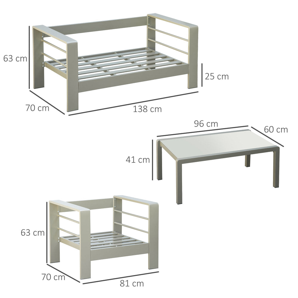 Dimensions diagram for the garden furniture set showing the loveseat, chairs and table sizes