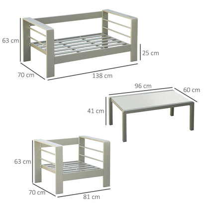 Dimensions diagram for the garden furniture set showing the loveseat, chairs and table sizes