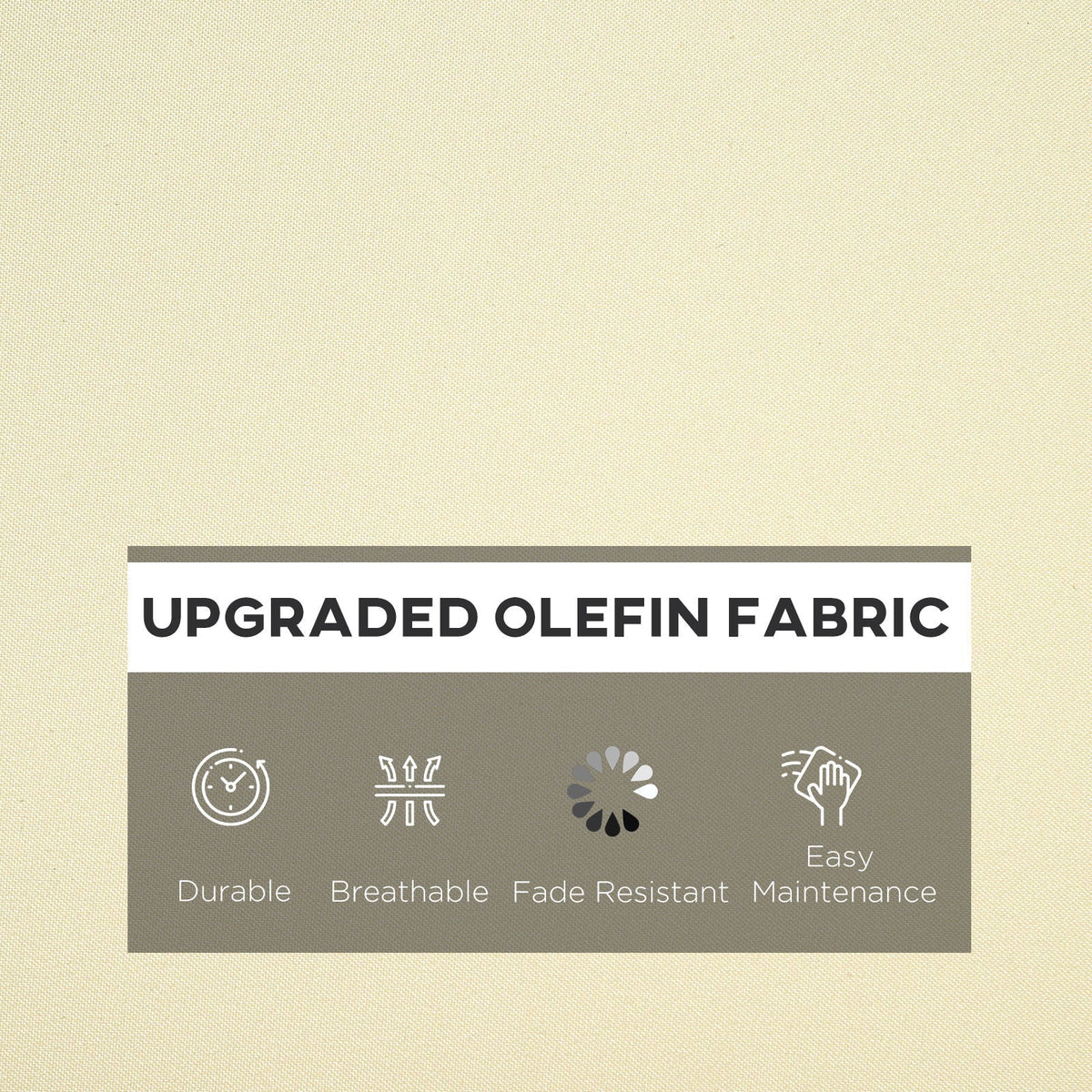 The beige fabric of the outdoor cushions with icons showing durability and maintenance features