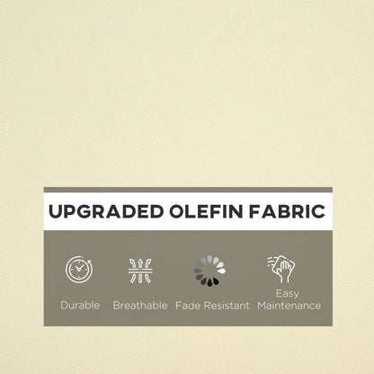 The beige fabric of the outdoor cushions with icons showing durability and maintenance features