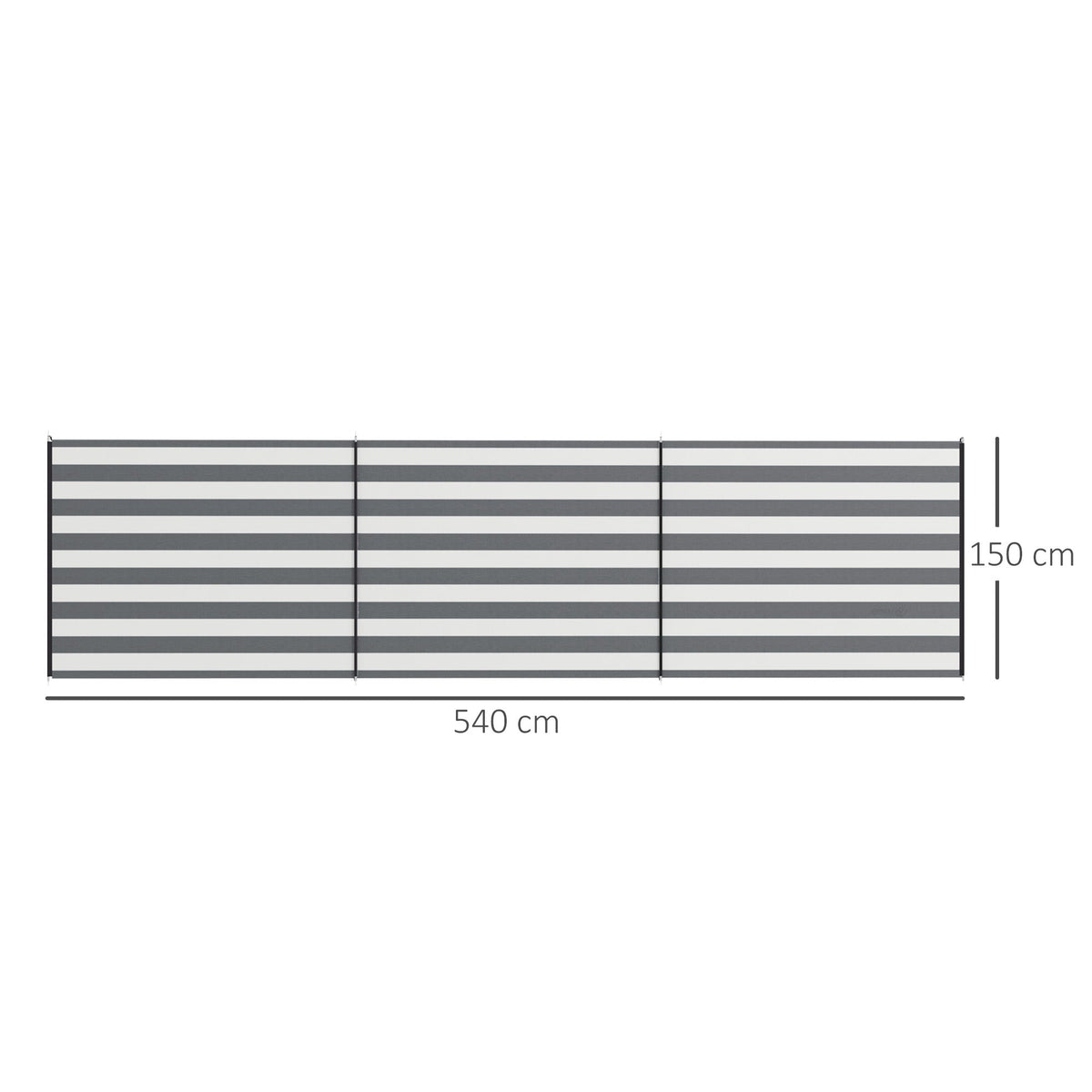 The camping windbreakers shown in grey and white stripes with dimensions labelled