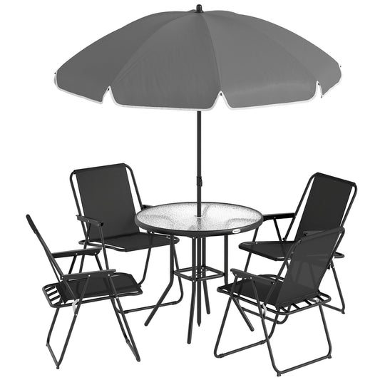 Outsunny 4 Seater Garden Furniture Set with four black chairs and a round glass table with a grey parasol