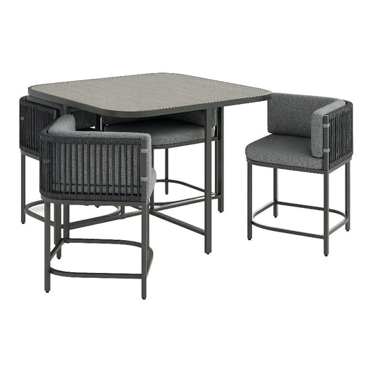 Outdoor furniture set with a table and four stools on a white background