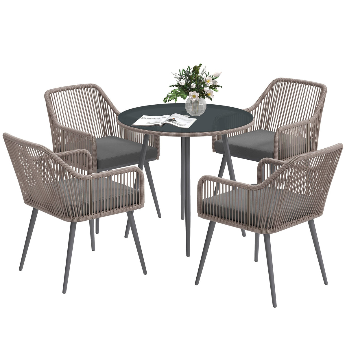 Outsunny 4 Seater Rattan Dining Set with round glass table and four chairs