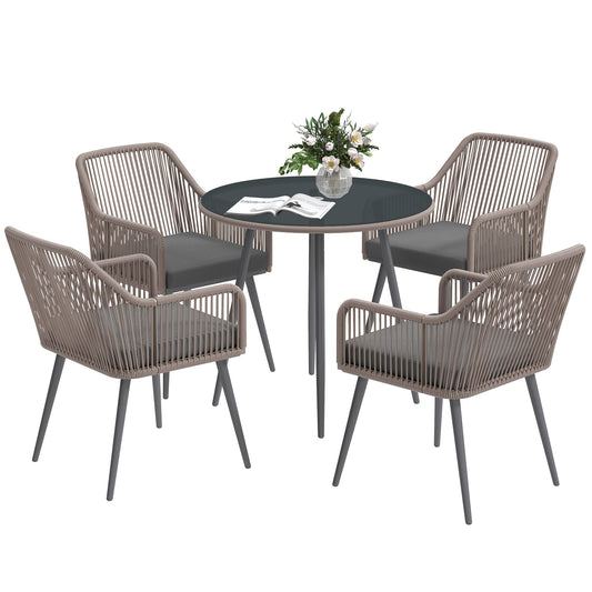 Outsunny 4 Seater Rattan Dining Set with round glass table and four chairs