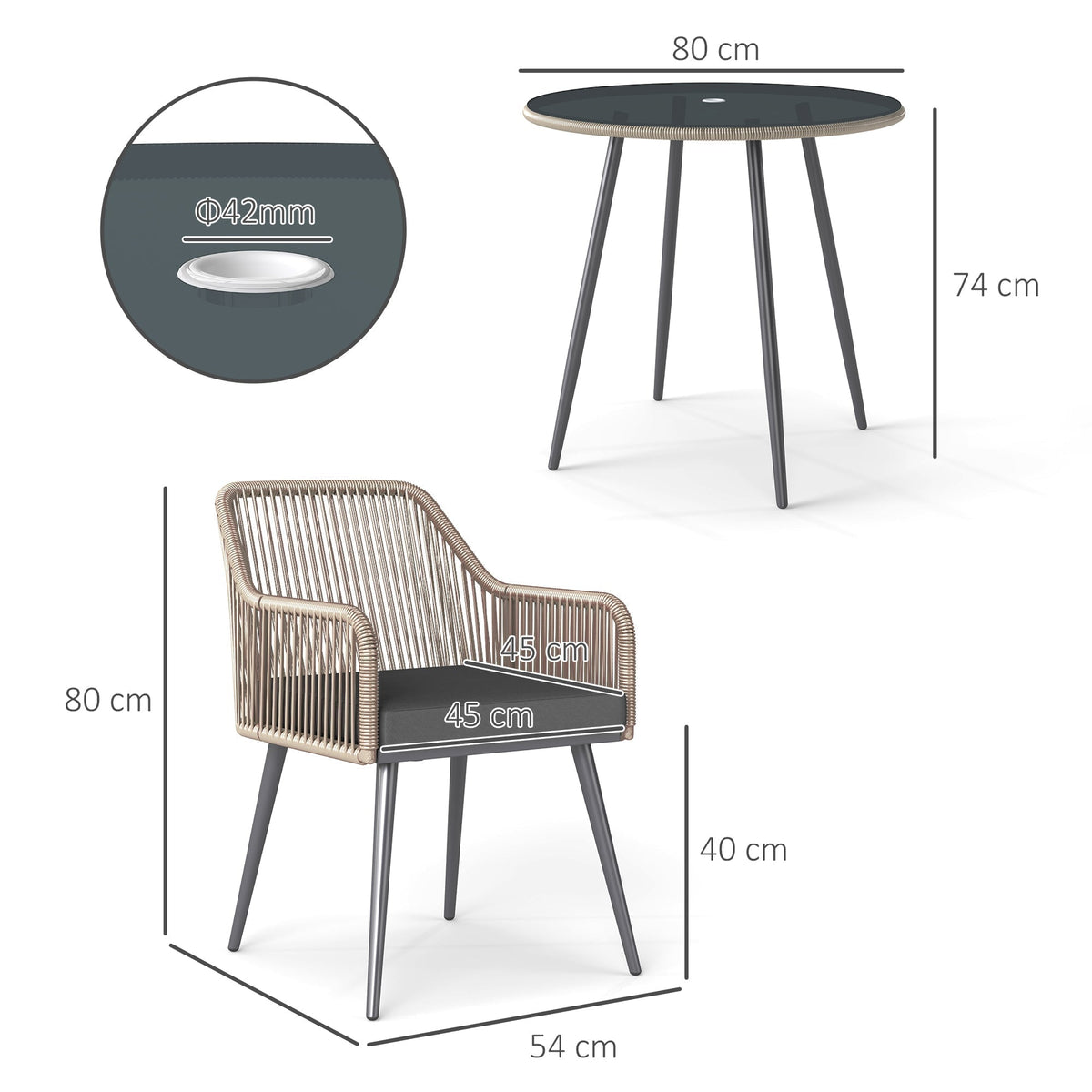 Size diagram for the rattan furniture set showing table and chair dimensions