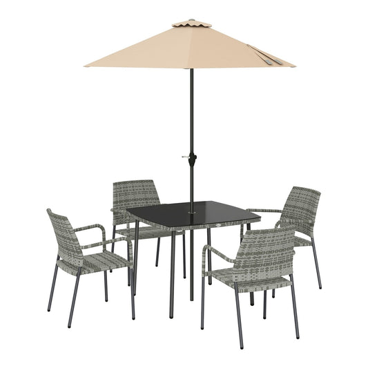 Outsunny 4 Seater Rattan Dining Set with Parasol, a square table and four chairs with a parasol overhead