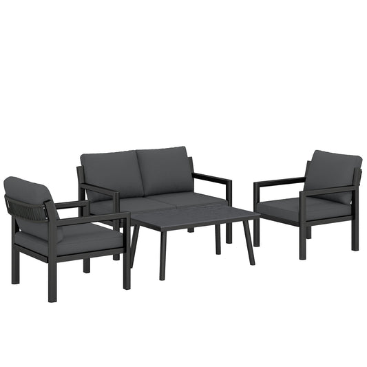 Outsunny 4 Seater Rattan Garden Furniture Set with dark grey cushions on a plain white background