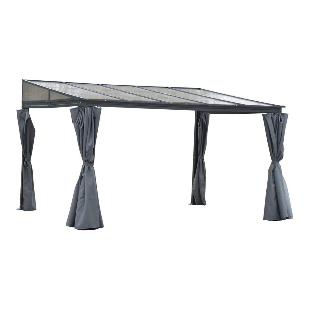 Outsunny Outdoor Hardtop Gazebo with Curtains, a grey lean-to structure with a polycarbonate roof and side curtains