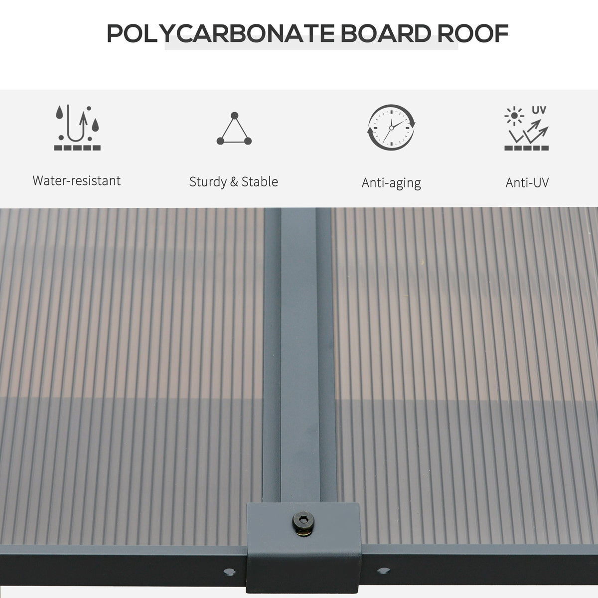 Close-up of the polycarbonate roof panels on the garden pavilion with icons showing features