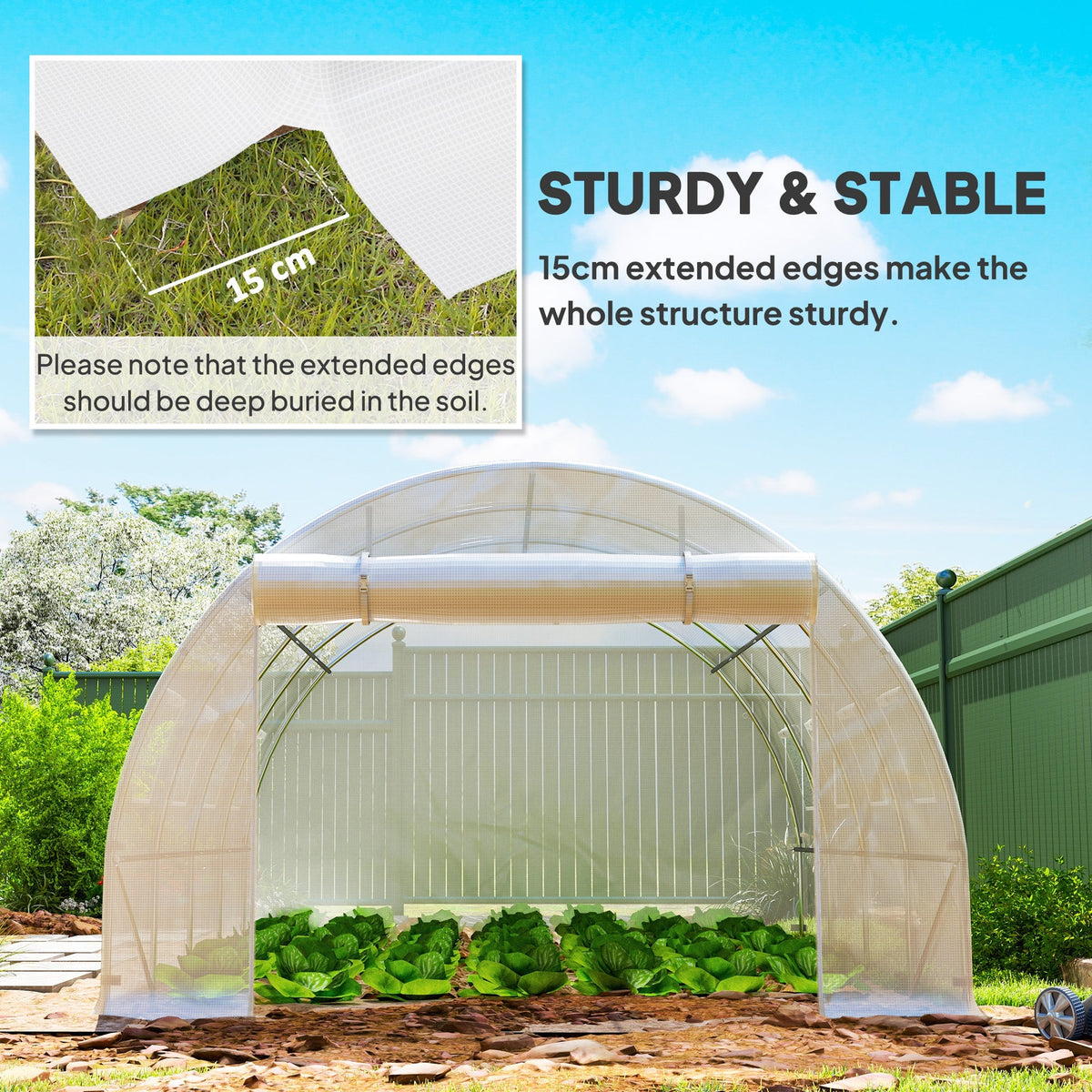 The replacement greenhouse cover showing the extended edge detail for ground stability