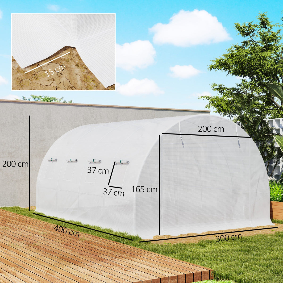 The replacement greenhouse cover showing dimensions and a close-up of the edge flap