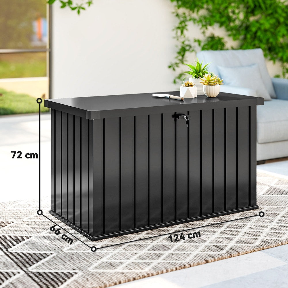 Black galvanised steel garden storage box with dimensions shown