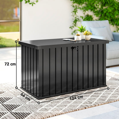 Black galvanised steel garden storage box with dimensions shown