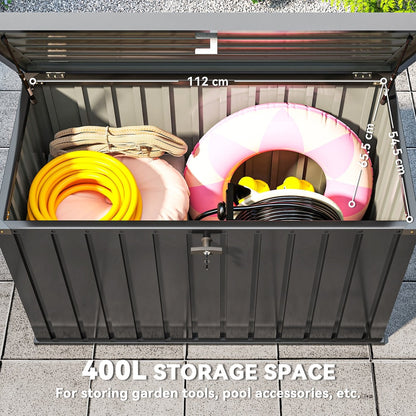 Inside of the black garden storage box showing 400L capacity with items