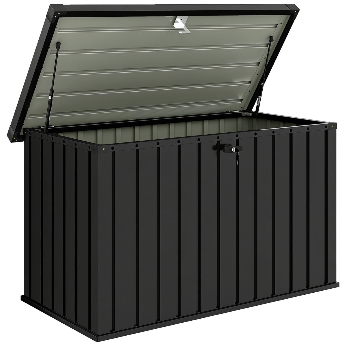 Outsunny 400L Galvanised Steel Garden Storage Box, black, with lid open